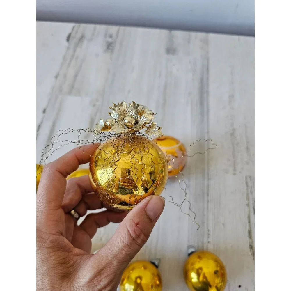 Vintage Mercury glass yellow ball ornament‎ set striped glitter tinsel